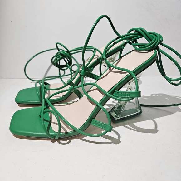NWOT Lib Collection Gladiator Lace Up Transparent‎ Heel Sandals Strappy 40 Green - Picture 4 of 11